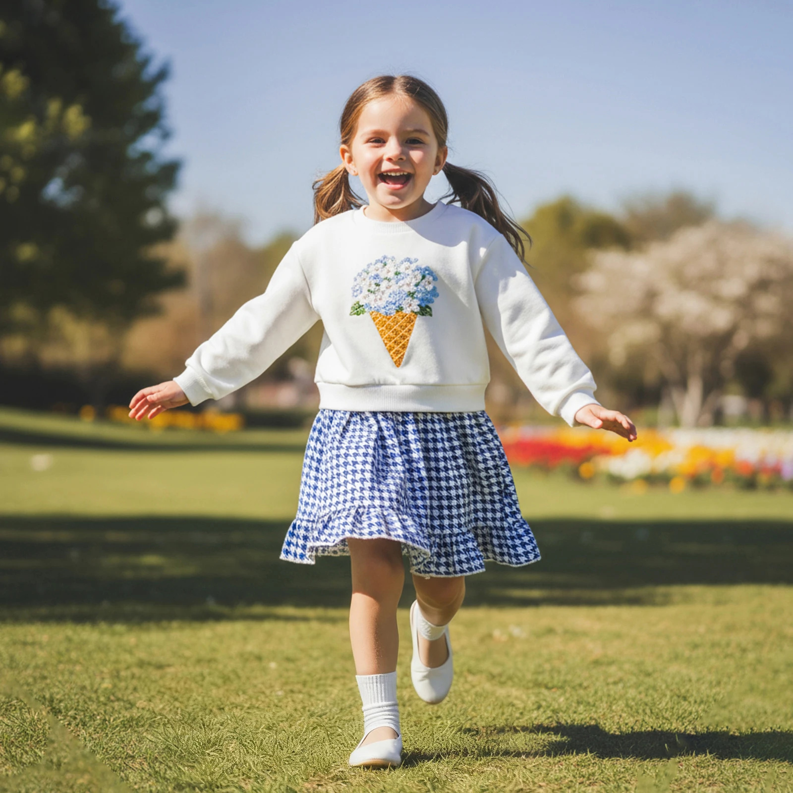 

Детский осенне-зимний модный костюм с юбкой, платья с цветочным принтом для маленьких девочек, пуловер с круглым вырезом и длинными рукавами, клетчатая юбка с эластичной резинкой на талии