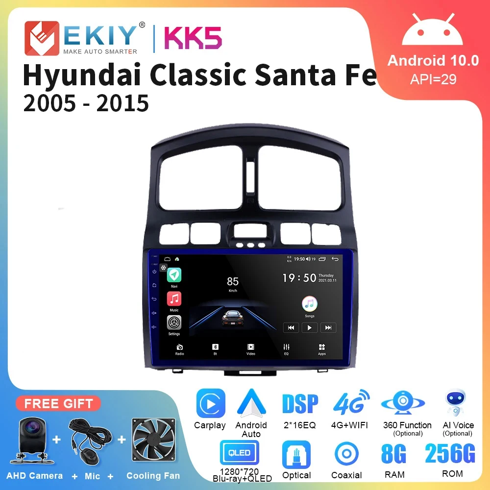 EKIY KK5 Android 10 Car Radio For Hyundai Classic Santa Fe 2005 2006-2015 Carplay Auto GPS Multimedia Player 2Din DVD Head Unit