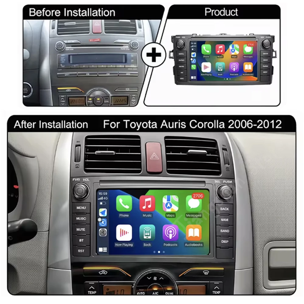 1024*600 IPS Car Radio Carplay Auto Android 16 For Toyota Auris Corolla 2006-2012 Navigation GPS DSP Stereo WIFI BT