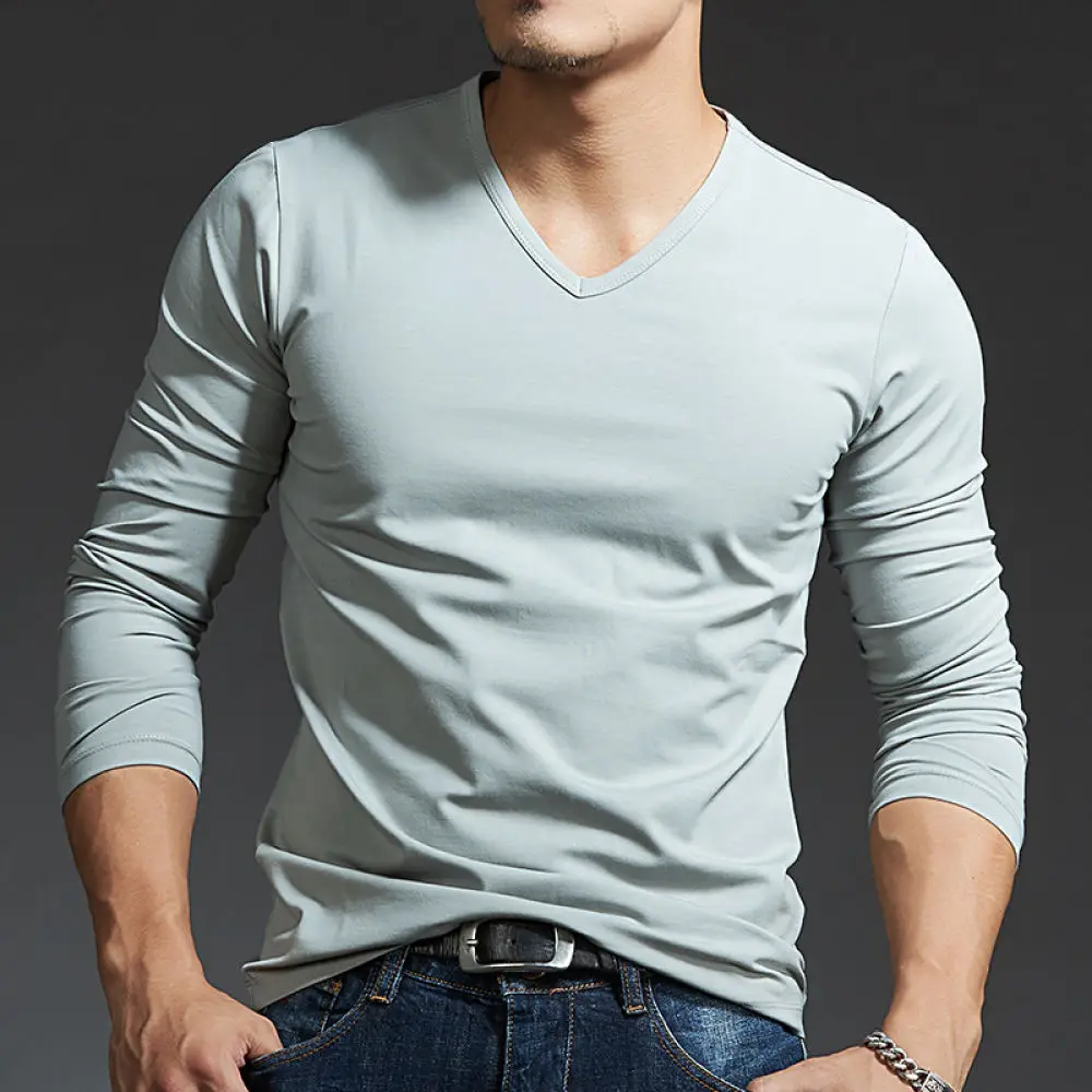 Mens V Neck Long Sleeve T Shirt Slim Fit Casual Base Layer Dark Gray Pullover Tops Comfortable Soft Elastic Tee