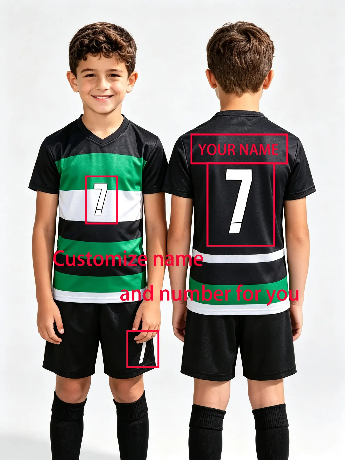 Conjunto de 2 Camisetas de Fútbol Personalizadas Ecológicas para Niños de 3 a 13 Años, Negro, Verde y Blanco con Rayas Horizontales, Cuello en V, Tela Reciclable