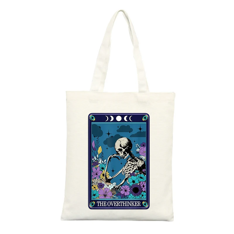 Canvas Tote Bag with Skull and Floral Tarot Card Graphic, Vintage Style for Casual Daily Use