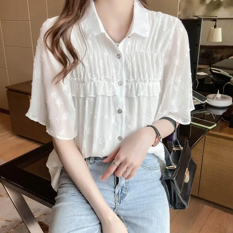 Fashion Solid Color Button Spliced Ruffles Chiffon Shirt Women\'s Clothing 2023 Spring New Casual Tops Loose Office Lady Blouse