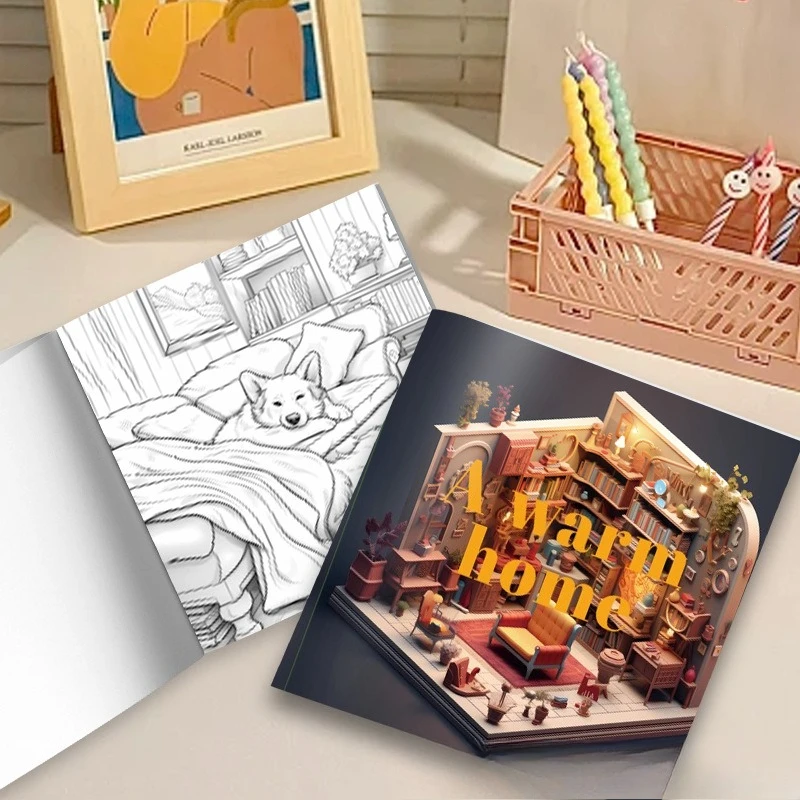 Kawaii A Warm Home Coloring Book Tiny Cozy Mini House Vintage Furniture Bookshelf Plant Warm Light Interior Sketch Notebook