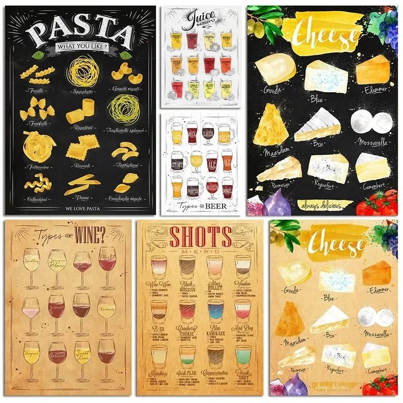 Modern Cheese Nigiri Sushi Pasta Guide Food Wall Art Poster Print Canvas Painting Kitchen for Restaurant Room Home Decoration