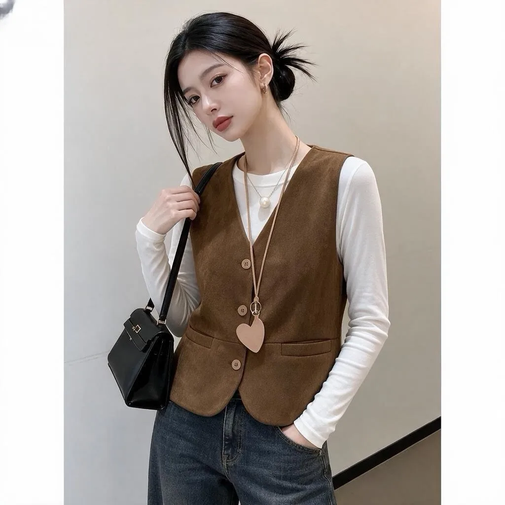 Casual Suede Vest Women's Sleeveless Single Button Design Spring Autumn Slimming Versatile Warmth Polyester V-neck Regular Le...