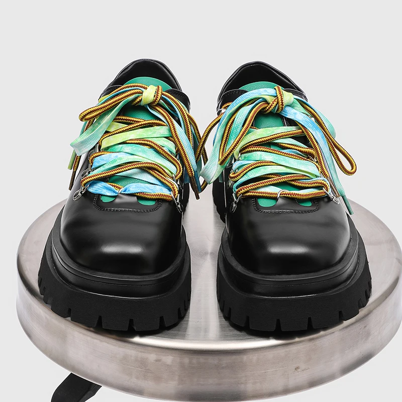 New Fashionable Men Casual Shoes with Multifunctional Youthful Colorful Straps Men Thick Soled High Top English Derby Shoes