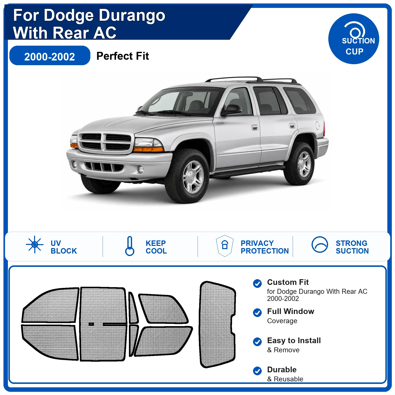 For Dodge Durango With Rear AC 2000-2002 Custom Full Set Windshield Sun Shade Aluminum Foil Heat Insulation Anti UV Foldable