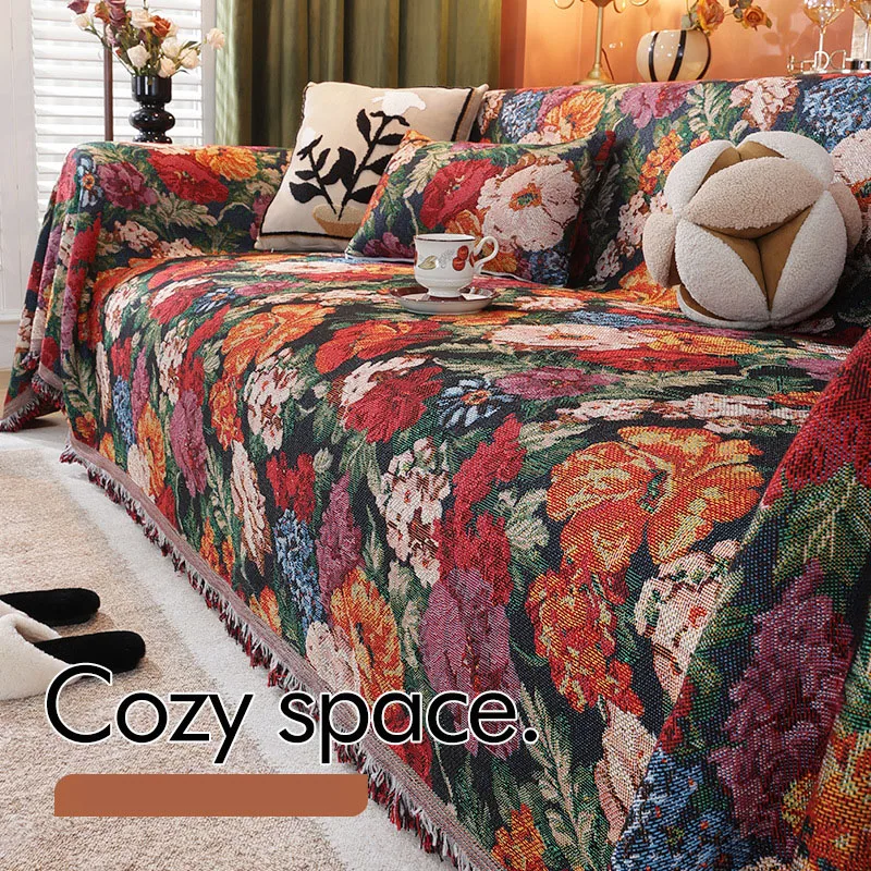 

Ретро картина маслом из искусственного льна, полотенце для дивана, романтическое цветочное жаккардовое одеяло для дивана с кисточкой, защита от царапин кошки, мебельная защита