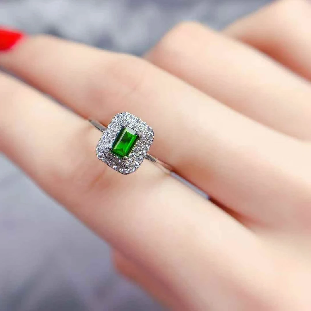 Hotsale 925 الفضة خاتم الأحجار الكريمة 3 مللي متر * 5 مللي متر الديوبسيدي الطبيعي الدائري 18 كيلو مطلية بالذهب الفضة حقيقية الكروم ديوبسيدي الفضة والمجوهرات