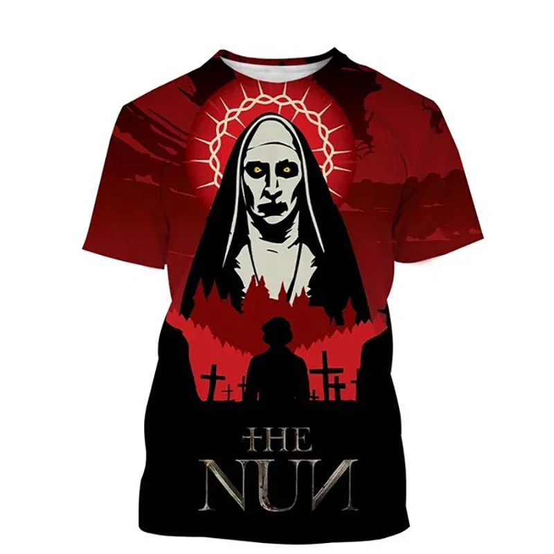 فيلم الرعب الراهبة ثلاثية الأبعاد تي شيرت مطبوع الرجال النساء موضة س الرقبة قصيرة الأكمام تي شيرت المتضخم Harajuku تيز القمم الذكور الملابس