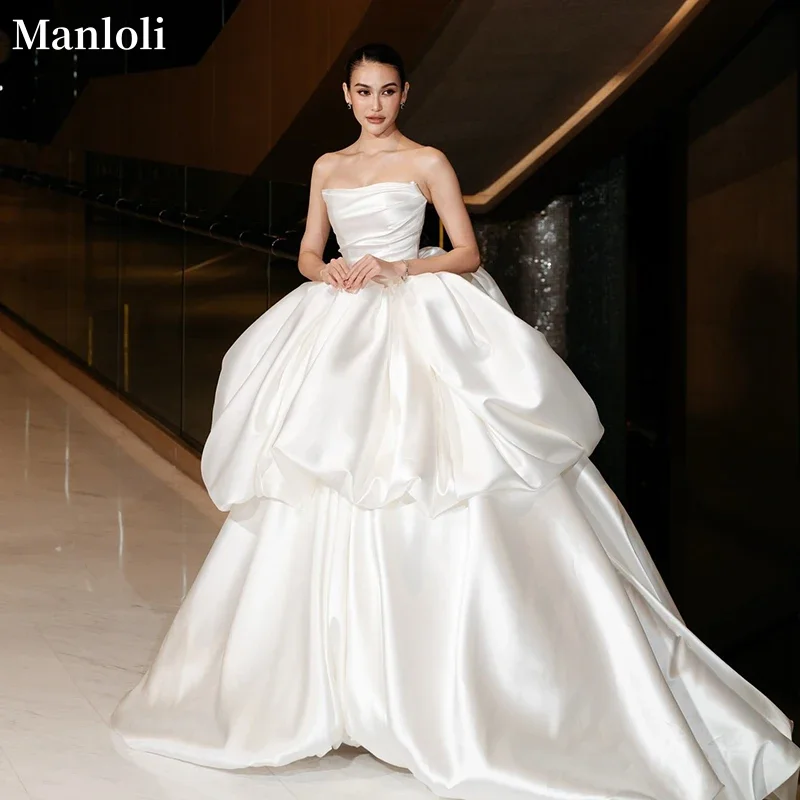 

Modern Satin Princess Wedding Dress Strapless Ruffles Layered Wedding Dress A-line White Bridal Ball Dress Customized