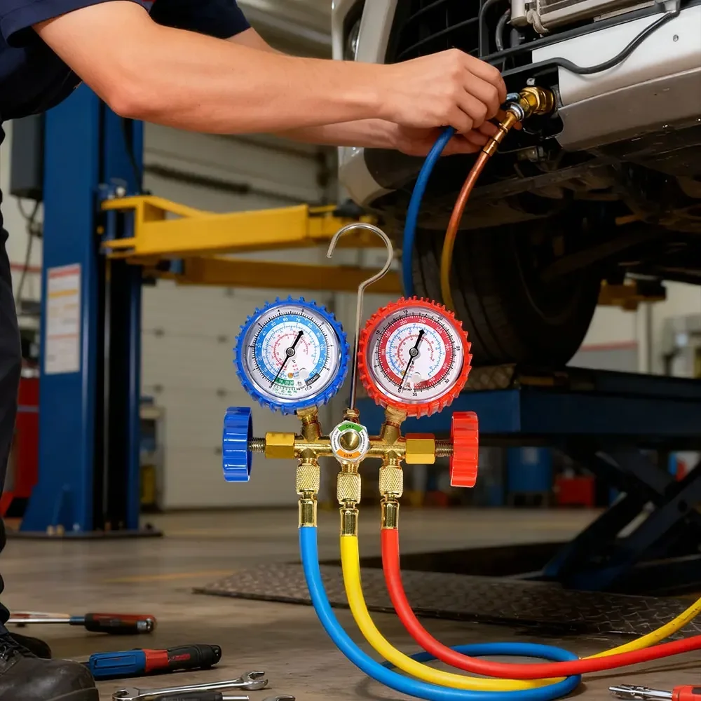 

[Большая распродажа] Профессиональный набор манометров для кондиционеров, 3-ходовой дизайн - совместим с различными хладагентами: R134A, R22, R410A, R404A для заправки.