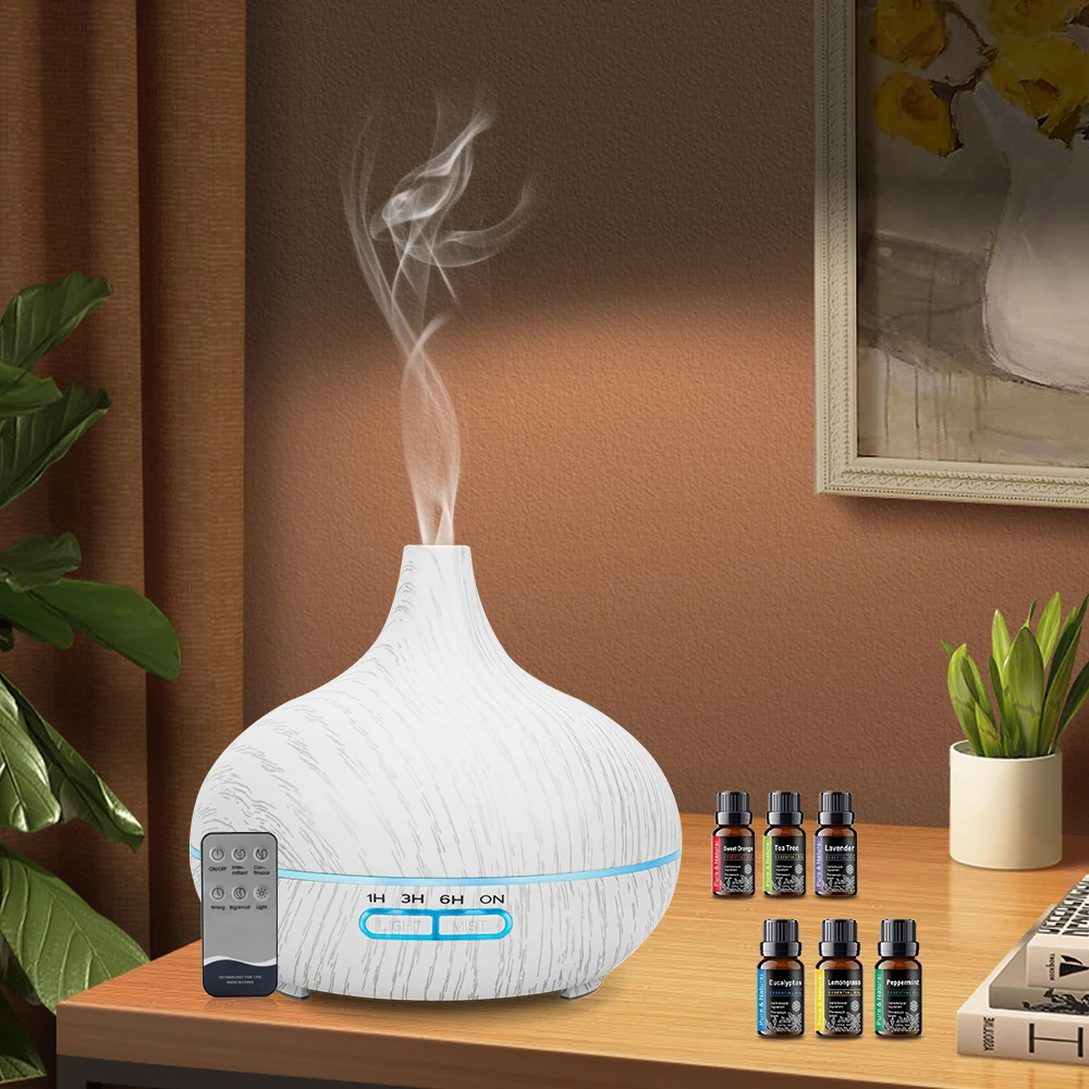 

New For Home 550ml Wood Aroma Oil Diffuser with 6 Essential Oils Remote Auto Off Perfect for Yoga Office Bedroom