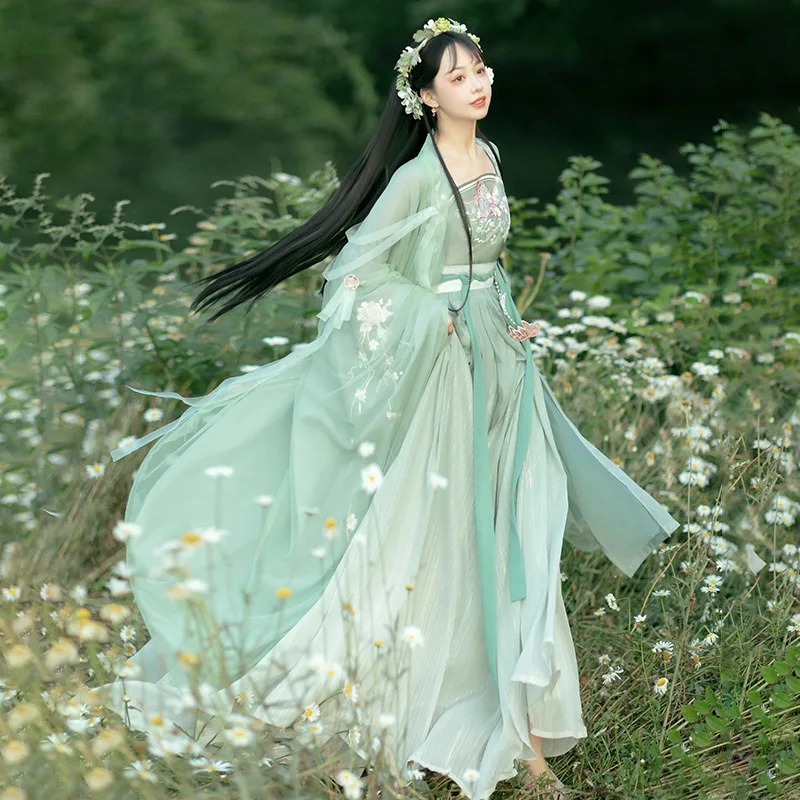 

Han element fashion fairy waist-high skirt female China traditional antique smooth silk sleeve shirt Pibo Hanfu suit female