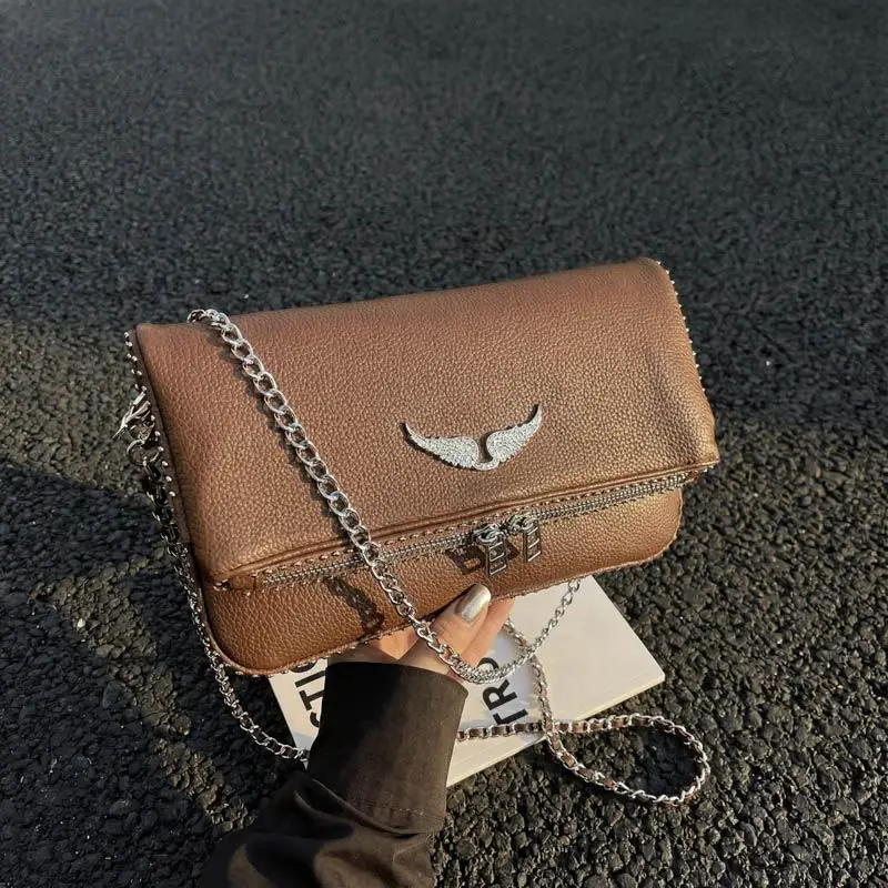 New French Classic Fashion Versatile Chain Inlaid Diamond Crossshoulder Single Shoulder Crossshoulder Wings Female PU Bag