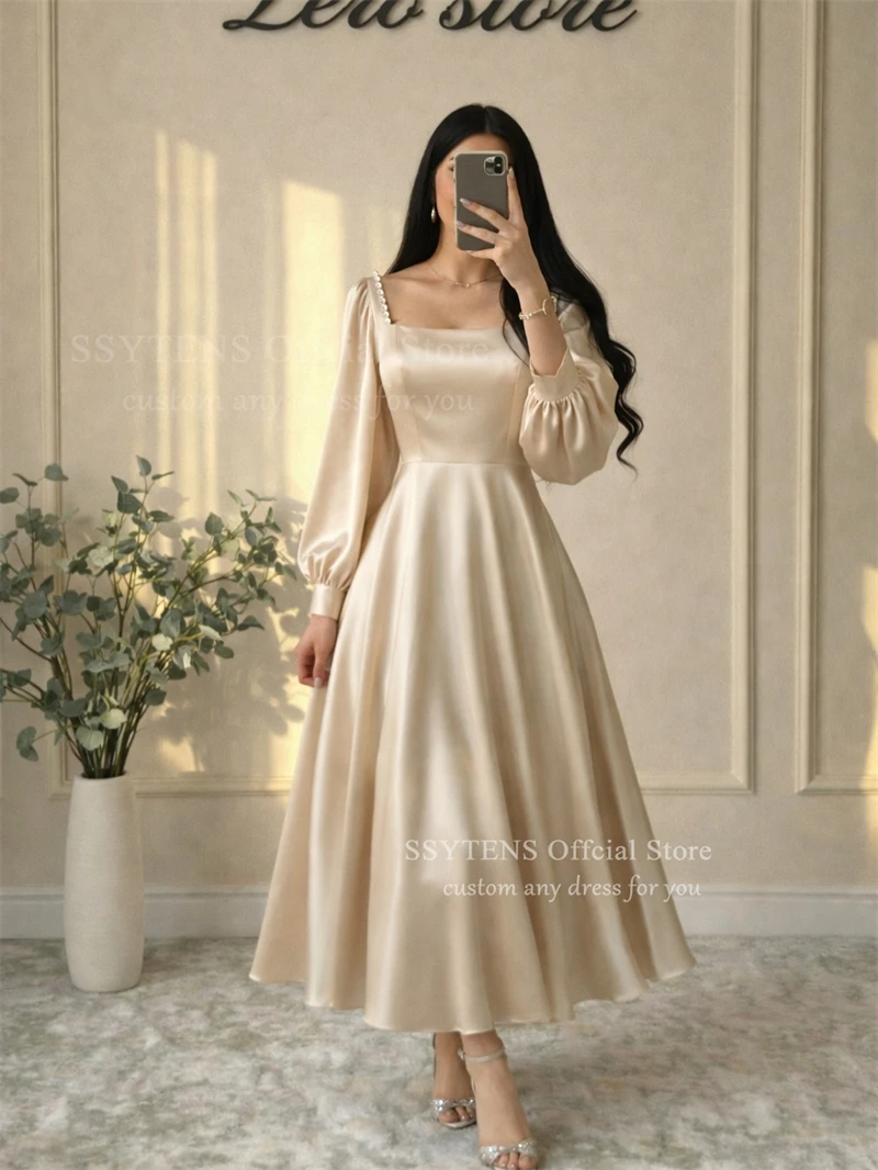 SSYTENS Champagne Evening Dresses Customized A-Line Square Neckline Long Sleeves Floor-Length  Long Dresses Wedding Party Dress
