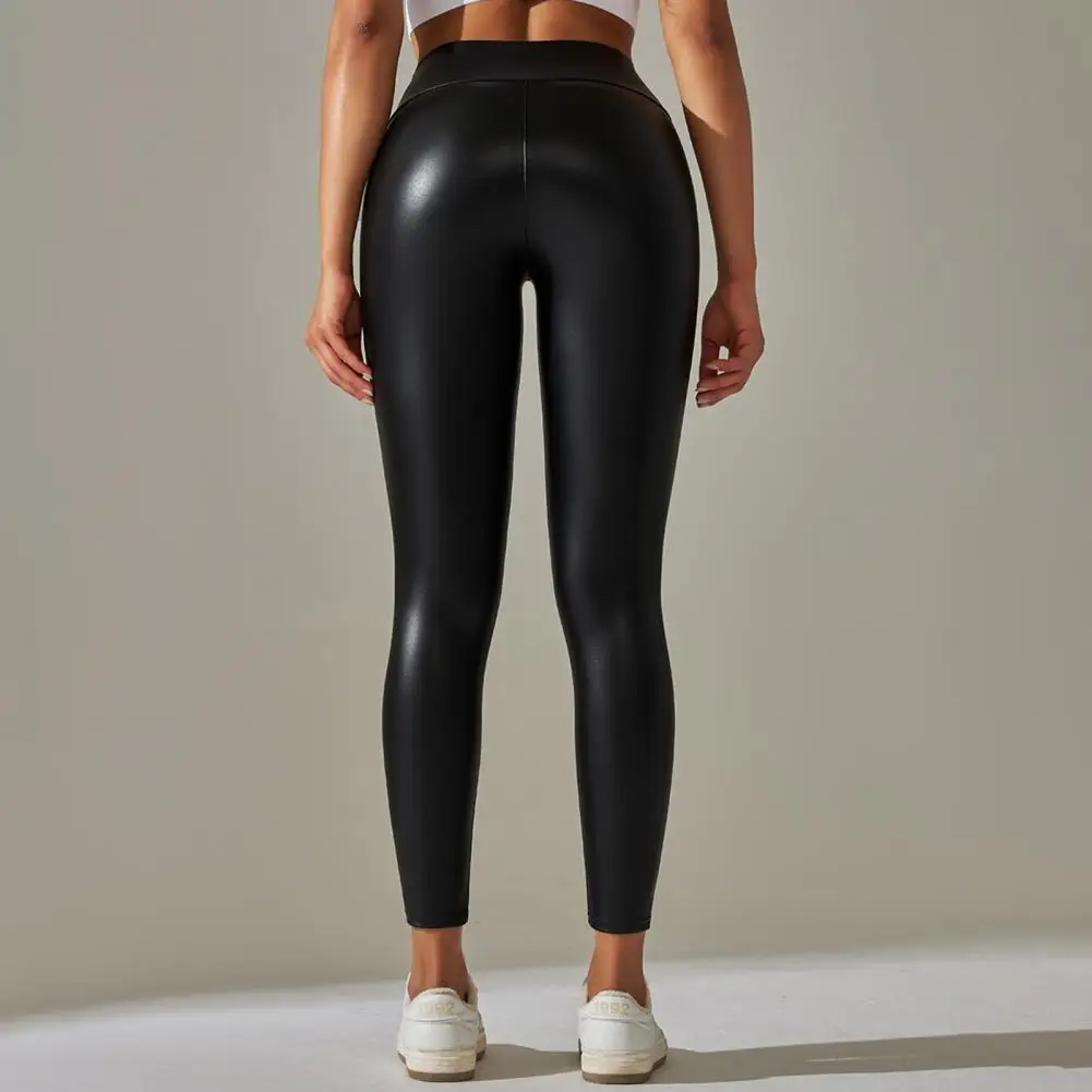 High-rise Trousers High Waist Faux Leather Yoga Trousers Butt-lifted Stretchy Breathable Pants for Women Elastic Waisted