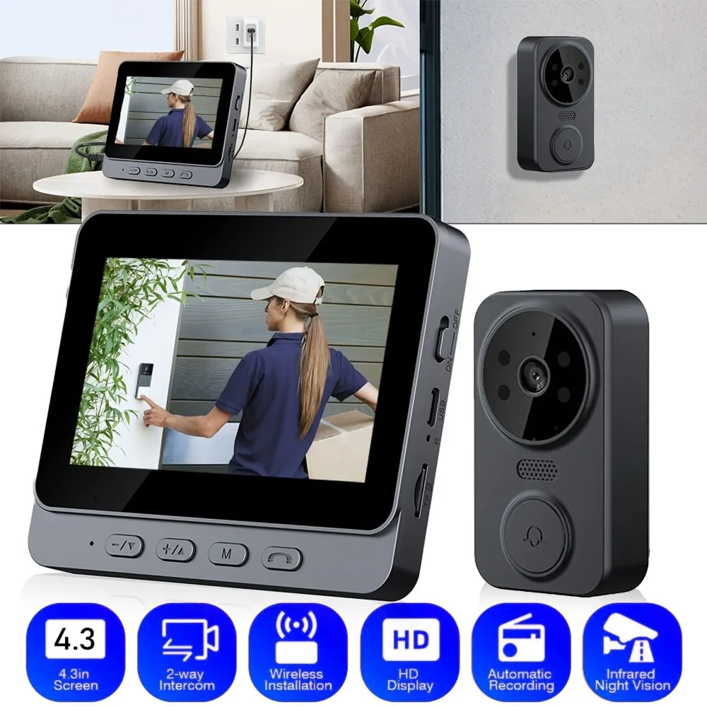 Türklingel Intercom Überwachungskamera Wireless 4,3 Zoll IPS Bildschirm Zwei-Wege-Audio Infrarot