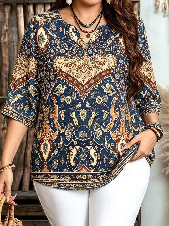 Women Vintage Bird Floral Paisley Print Blouse For Curvy Figures Notched Neck 3/4 Sleeve Loose Casual Ladies Tops