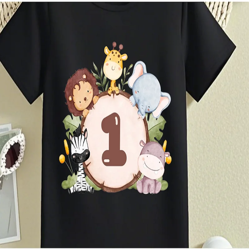 1st 2nd 3rd Wild New Zoo Zebra Elephant Giraffe Lion Hippopotamus Printed T Shirt Girls Boys Cute Kids Clothes Summer Tops Shirt