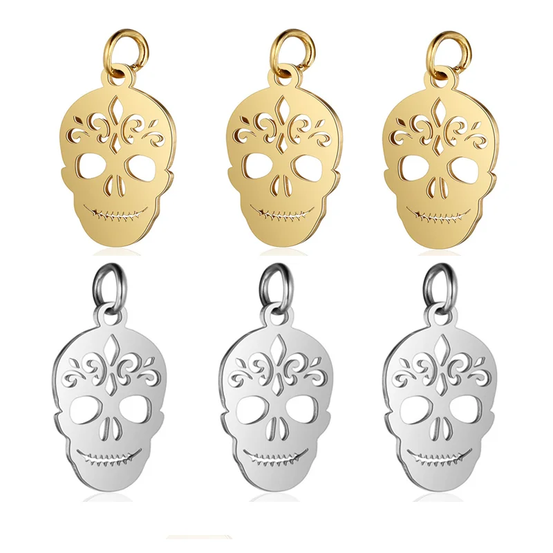 5pcs Stainless Steel Double Side Polished Hollow Out Skull Head Charm Pendant for DIY Necklace Jewelry Making Findings Supplier