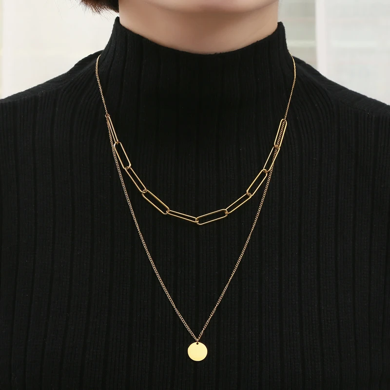 Fashion Jewelry Women's Double Row Sweater Chain Paper Clip Chain Plated 18k Gold Waterproof Coin Stainless Steel Charm Necklace