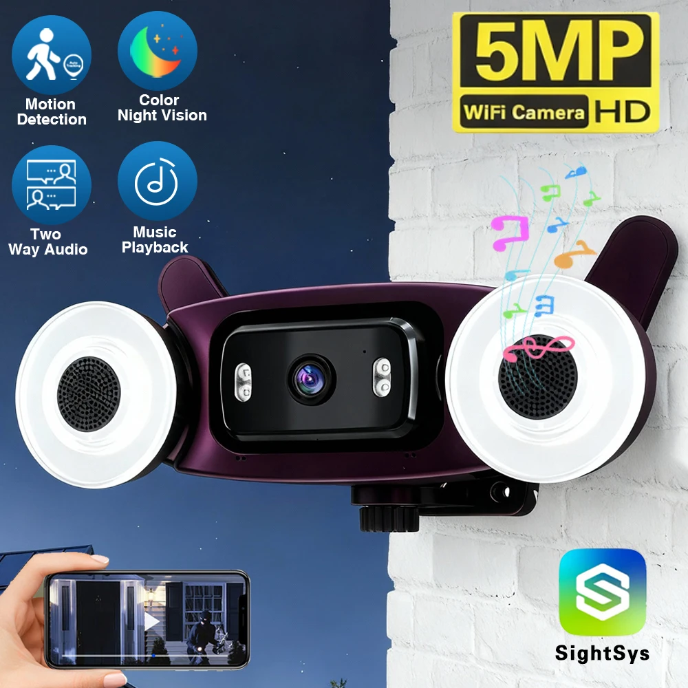 

5-мегапиксельная HD-камера с прожектором, Wi-Fi, для улицы, водонепроницаемая, с функцией видеонаблюдения, музыкальным плеером, обнаружением человека, сигнализацией, двусторонней аудиосвязью, IP-камера