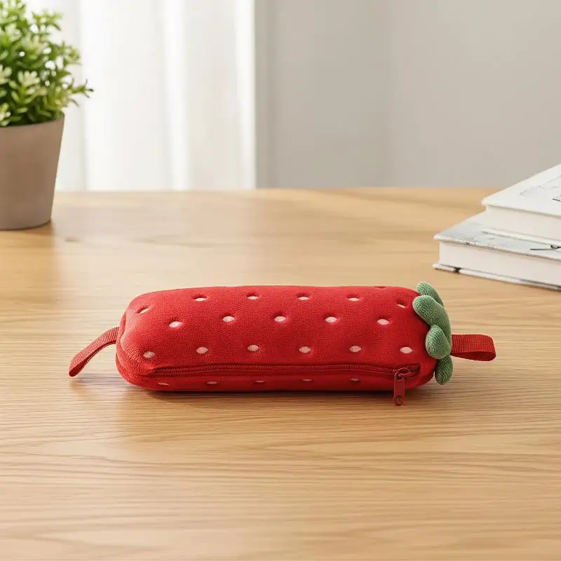 Strawberry Themed Plush Pencil Case with Adjustable Strap Large Capacity Stationery Pouch for Students Back to School Supplies
