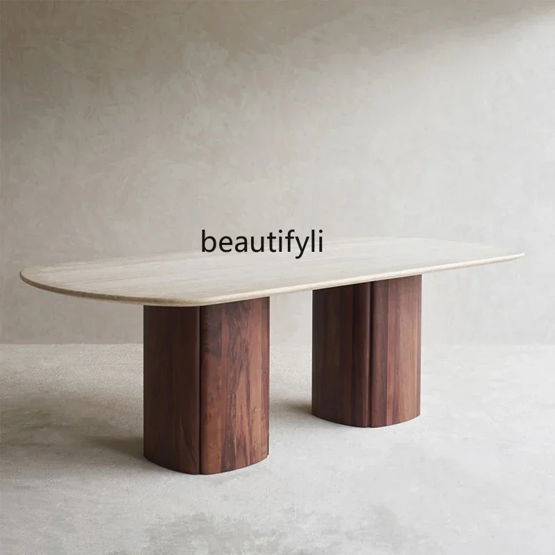 

Natural travertine dining table restaurant dining oval luxury stone table light luxury French dining table6005