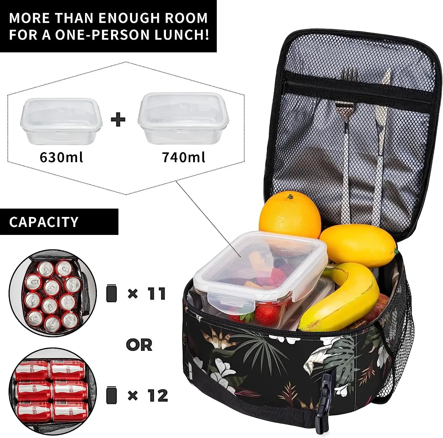 White Flower Print Thermal Lunch Box for Women Girls Insulated Lunch Bag Reusable Portable Cooler Bags for Work Picnic Travel