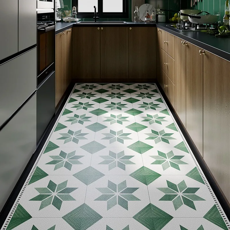 Kitchen Floor Mat Green Geometric Waterproof Oil-proof PVC Leather Carpets Anti-fouling Large Area Full Rugs Tapete De Cozinha