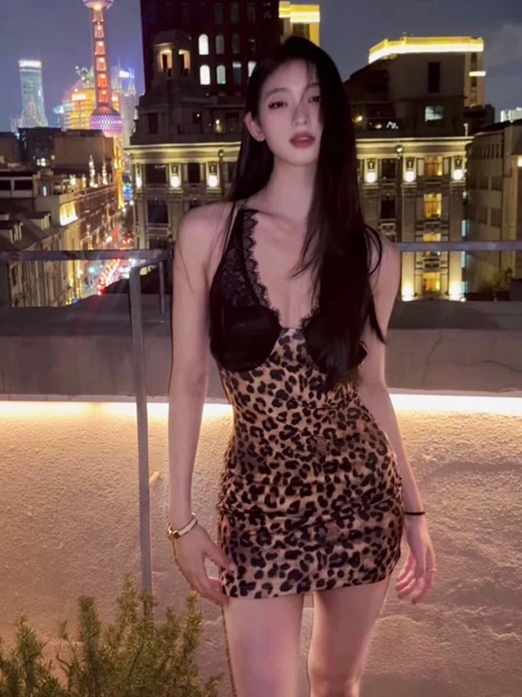 

Strive Sexy Lace Leopard Print Halter Short Skirt Women Summer Pure Desire Spicy Backless Bodycon Dress City Commute Date Party
