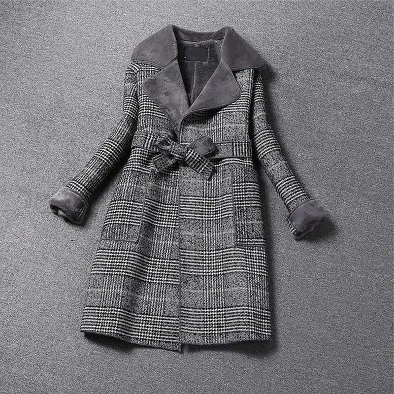 Women's Mid-length Woolen Coat Autumn and Winter Plus Velvet Thickening Over The Knee Houndstooth Plaid 2023 Fashion Coat