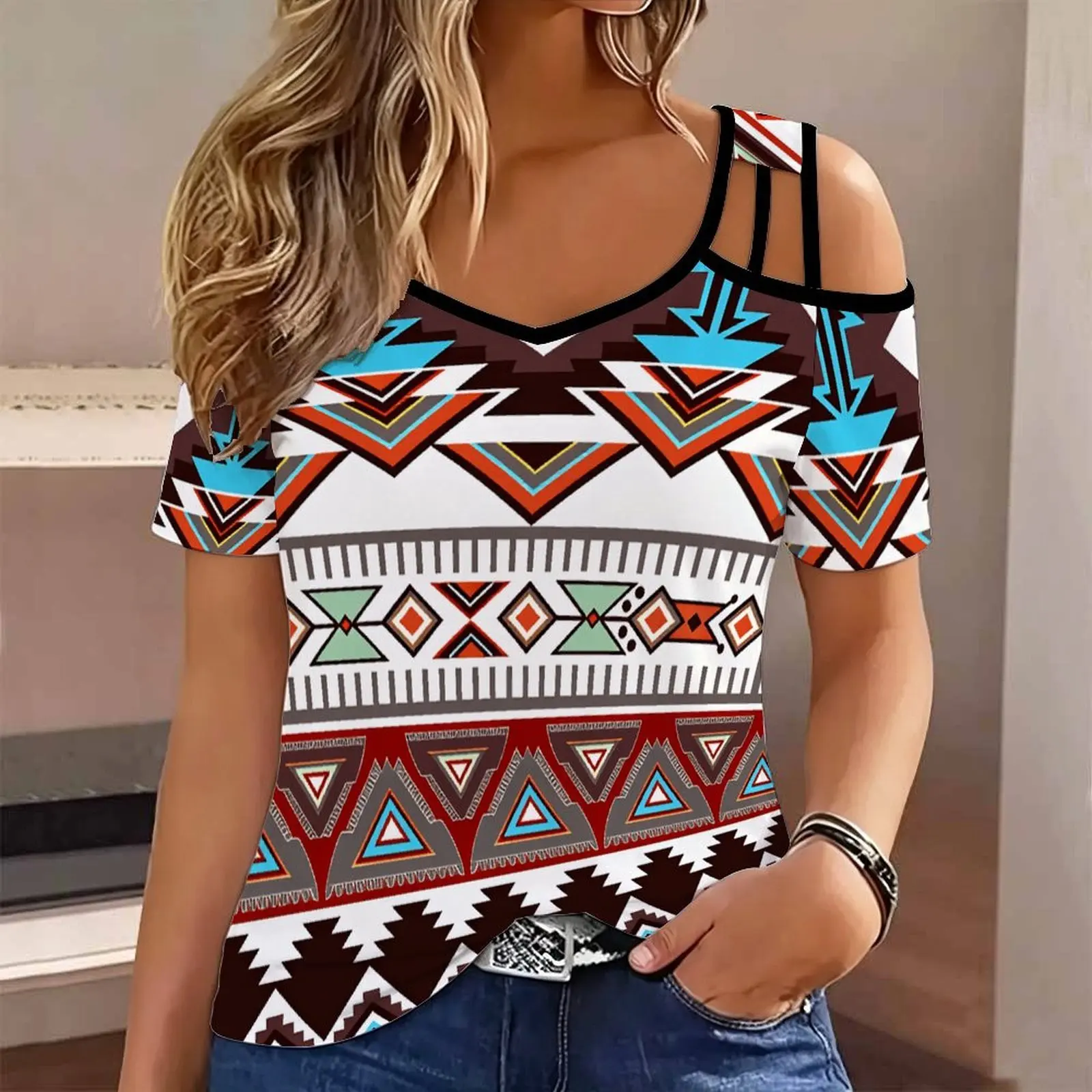 Plus Size Summer Ladies  Slim  Print Cold Shoulder V Neck T-shirt  Fashion Casual Women’s Top Commuting Vacation Beach Outfits