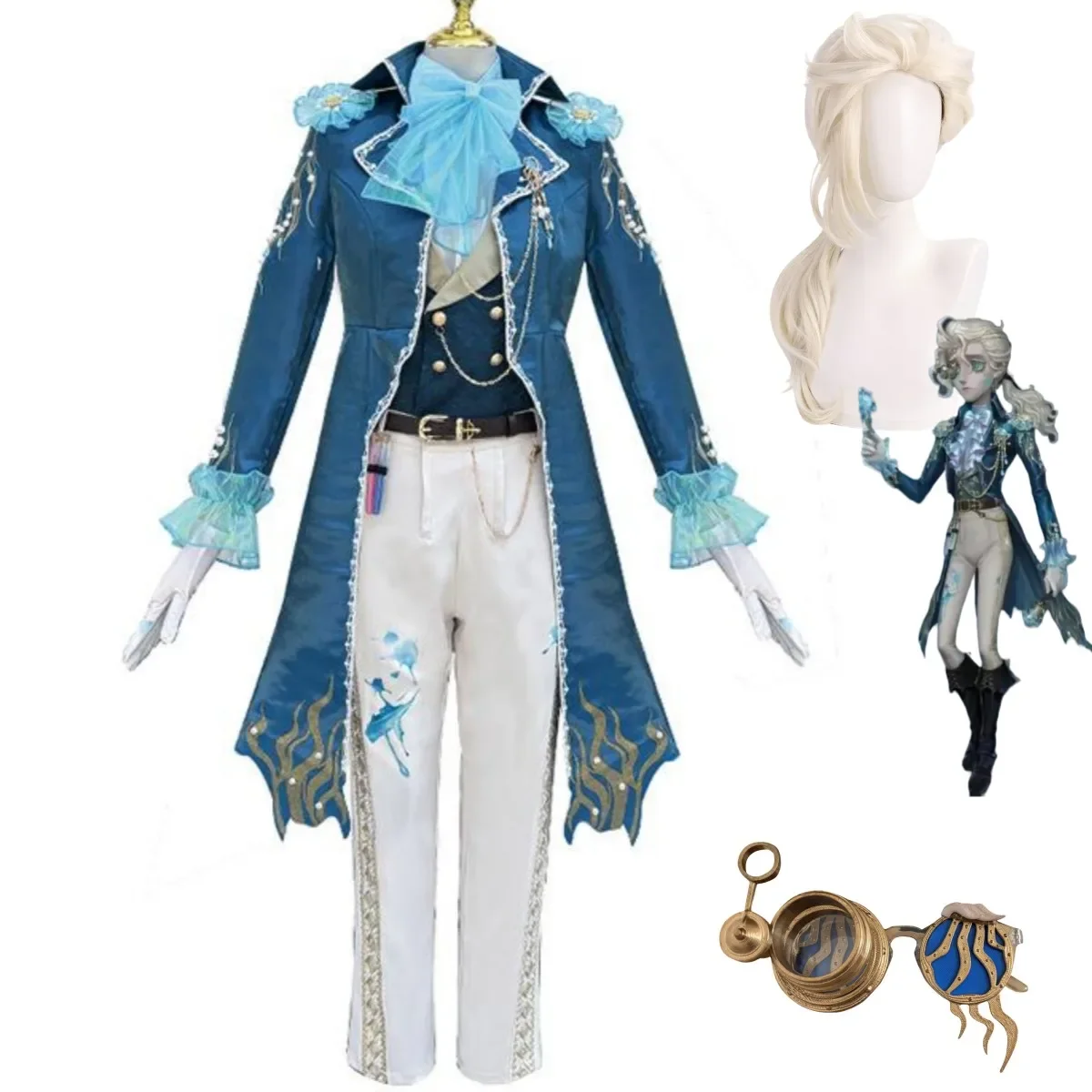 Game Identity Ⅴ Frederick Kreiburg Cosplay Costume Composer Phantom Sail Wig Blue Swallowtail Coat Man Carnival Christmas Suit