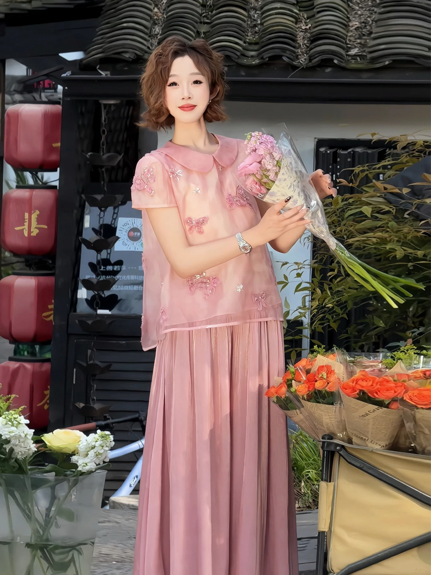 

Оригинальный топ Yolo с короткими рукавами, вышивкой, кружевом и бисером, весенне-летний, в китайском стиле, из полиэфирного волокна, с круглым вырезом