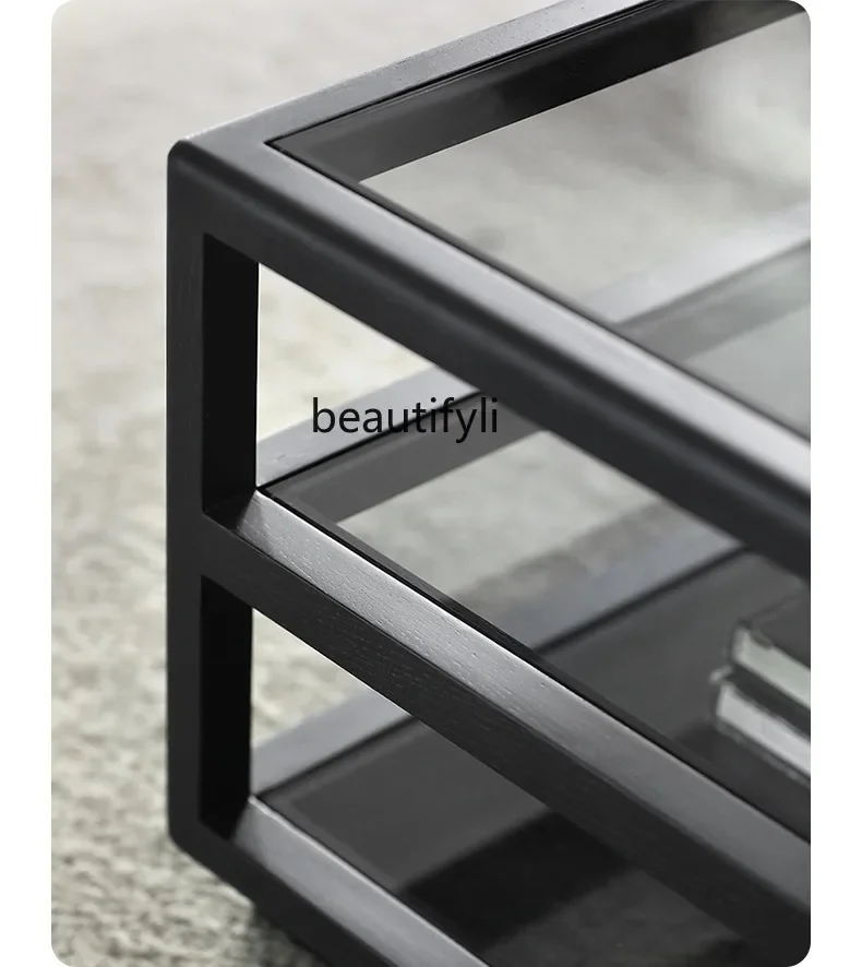 Nordic Italian Simple Solid Wood Tea Table Observer Glass Rectangular Double-Layer Coffee Table Storage Small Apartment