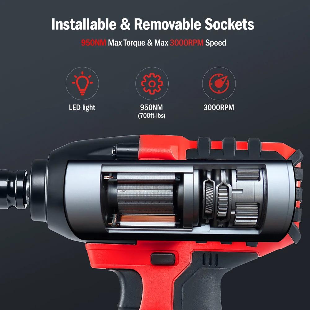 Avhrit Impact Wrench Electric Cordless Torque Wrench Brushless Screwdriver Rechargeable Li-ion Battery Real 950N.m Power Tool