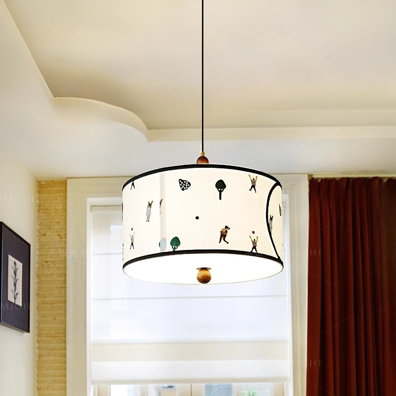 

Denmark Wooden LED Pendant Lights Rotundity White Embroidery Fabric Hanging Lamp Living Room Bedroom Study Restaurant Chandelier