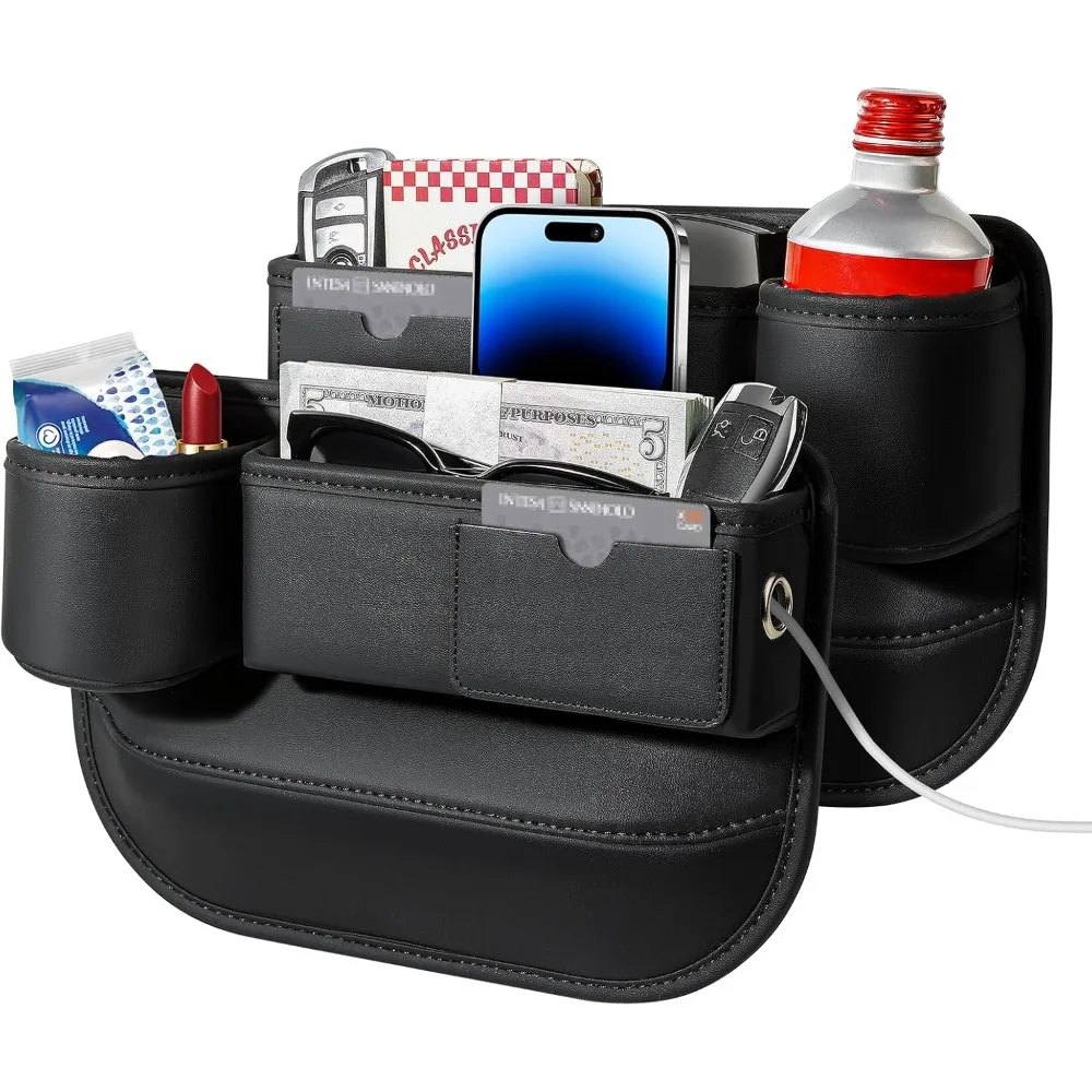 

2 pack universal car seat gap filler organizer with small cup holder, leather center console organizer with card slot for car su