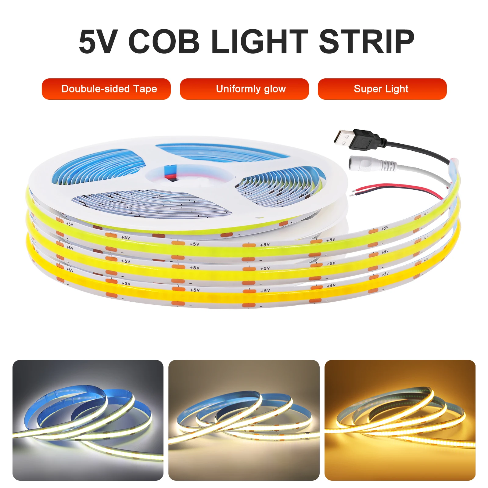 

New 5V COB LED Strip USB Powered Flexible LED Tape 320LEDs/m COB Strip Adhesive LED Light For Computer PC Decor Kitchen Cabinet