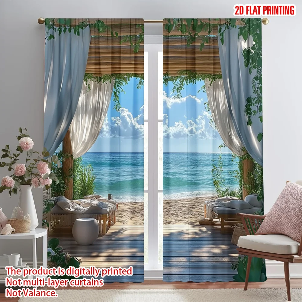 2pcs 2D flat printing Curtains Beach and cottage landscape Fabric Without Electricity 0 Use for Photo Booth Props