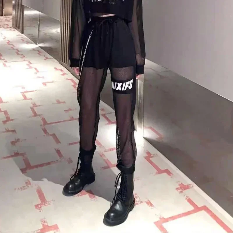 2023 Sweatpants Trousers Women's Sports High-waisted Trousers Fishnet Streetwear Loose Patchwork Letter Cutout Mesh Pants Bottom