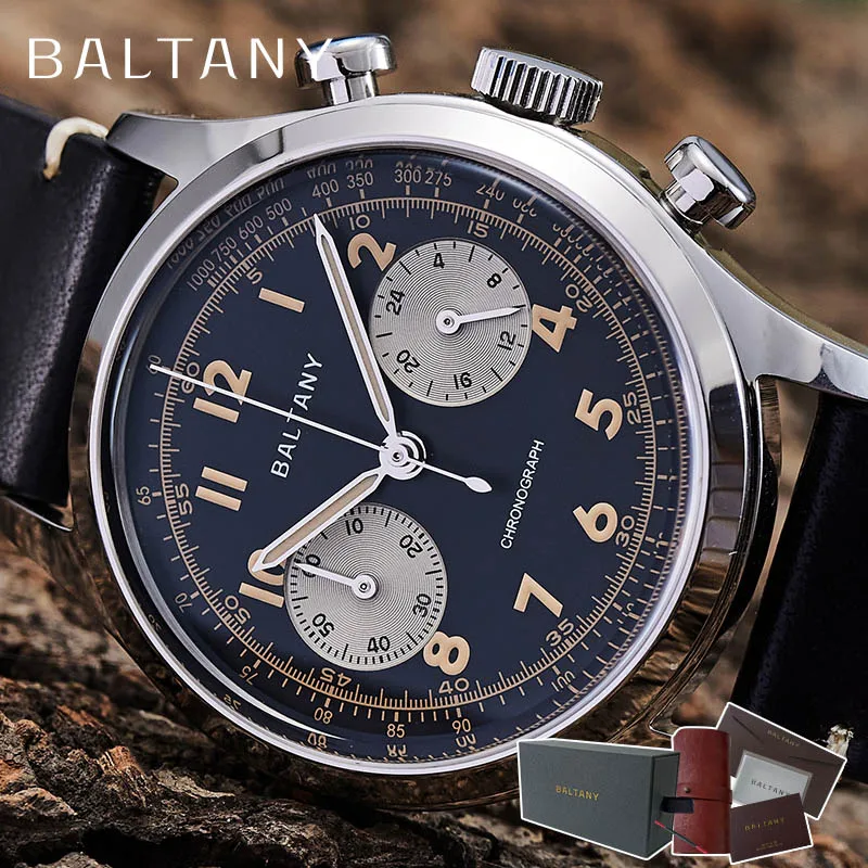 Baltany Quartz Chronograph Wristwatches 39mm Sapphire Crystal Panda Dial 5TAM Stainless Steel Retro Super Luminous Vintage Watch