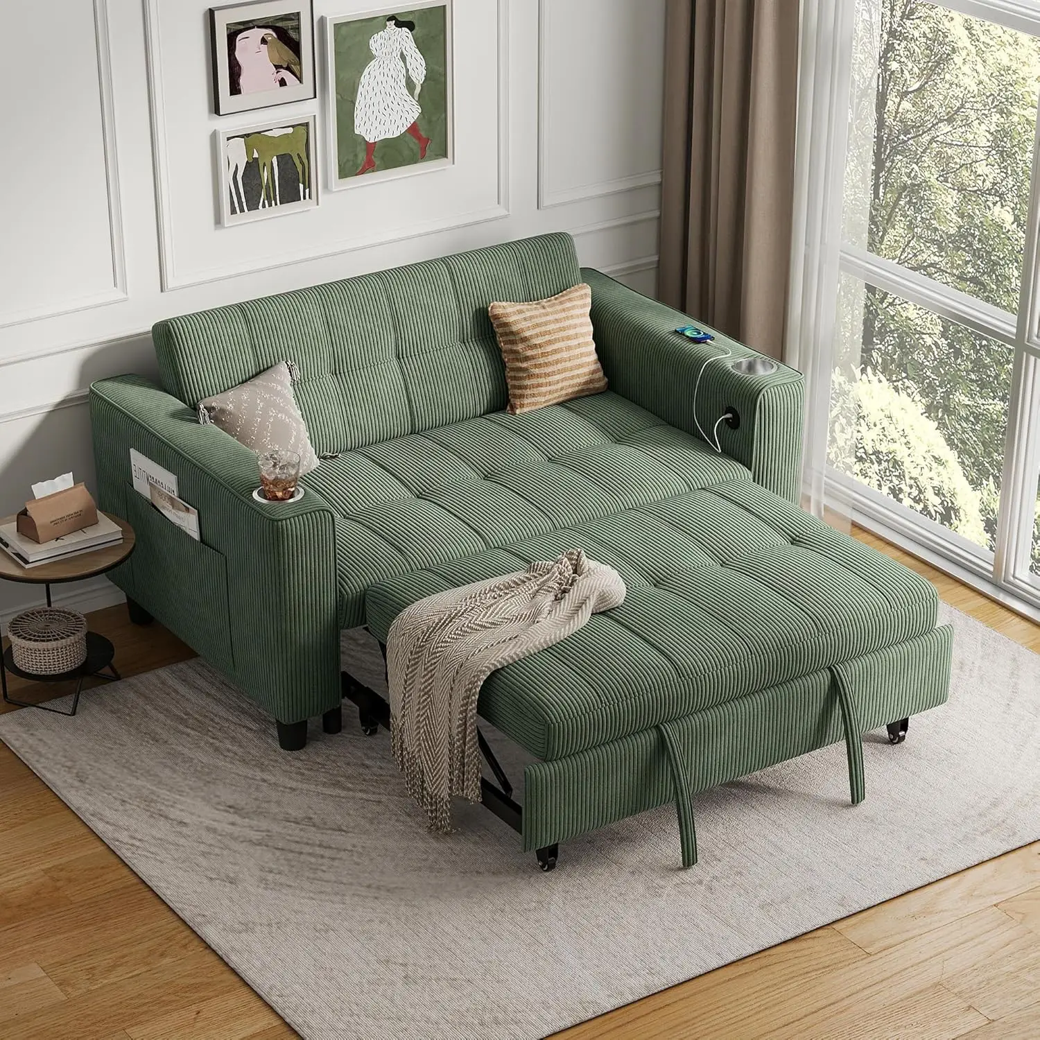 #Convertible Sleeper Sofa Pull Out Corduroy Loveseat Charging Station Cup Holder Side Pocket Small Space