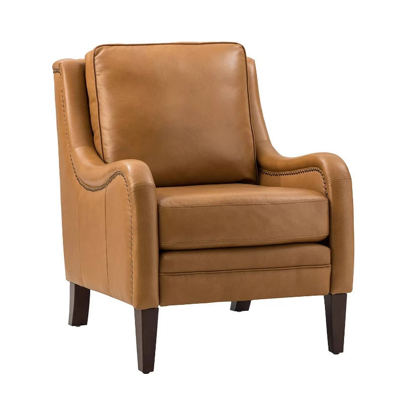 

Brown Contemporary Leather Armchair with Curved Armrests Solid Wood Legs, Top Leather Armchair