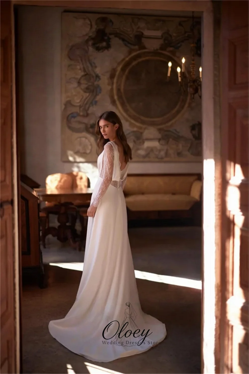 OLOEY Elegant Deep V Neck Lace Long Sleeve Wedding Dresses For Woman A-Line Satin Beach Outdoor Bridal Gown Customized 2027