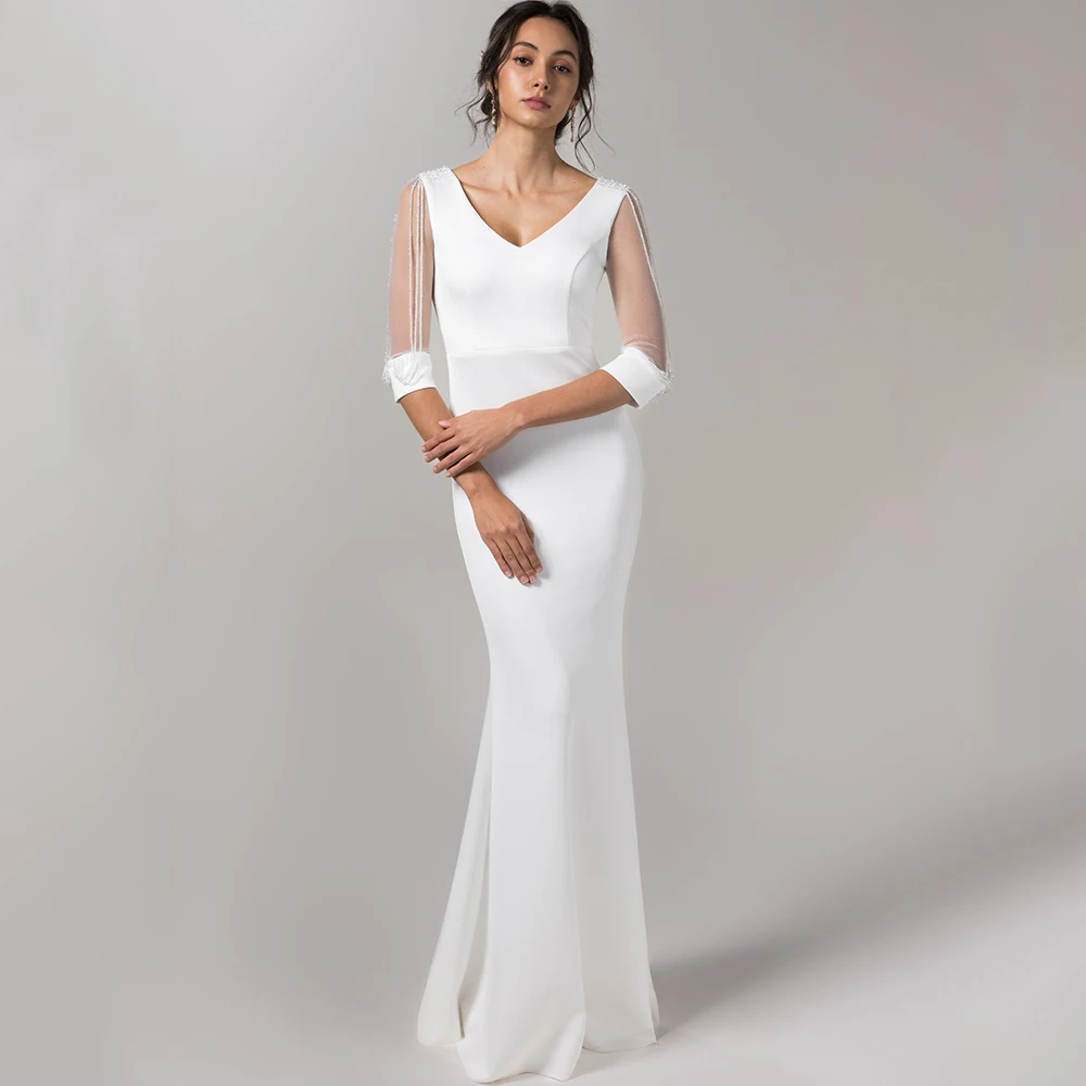 Simple Illusion Half Sleeves Wedding Dress V-Neck Mermaid Floor Length with Beading Bridal Satin Zipper Marriage Gowns Custom