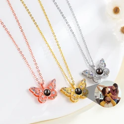 Custom Photo Projection Necklace For Women Men Zircon Butterfly Pendant Necklace Couple Family Memorial Anniversary Gift Jewelry
